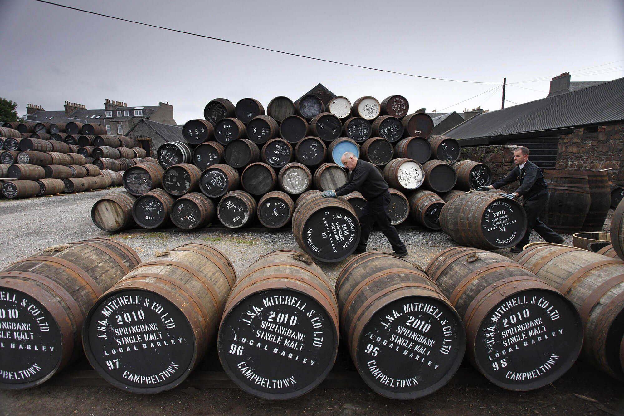 Barrels of whisky at a distilery